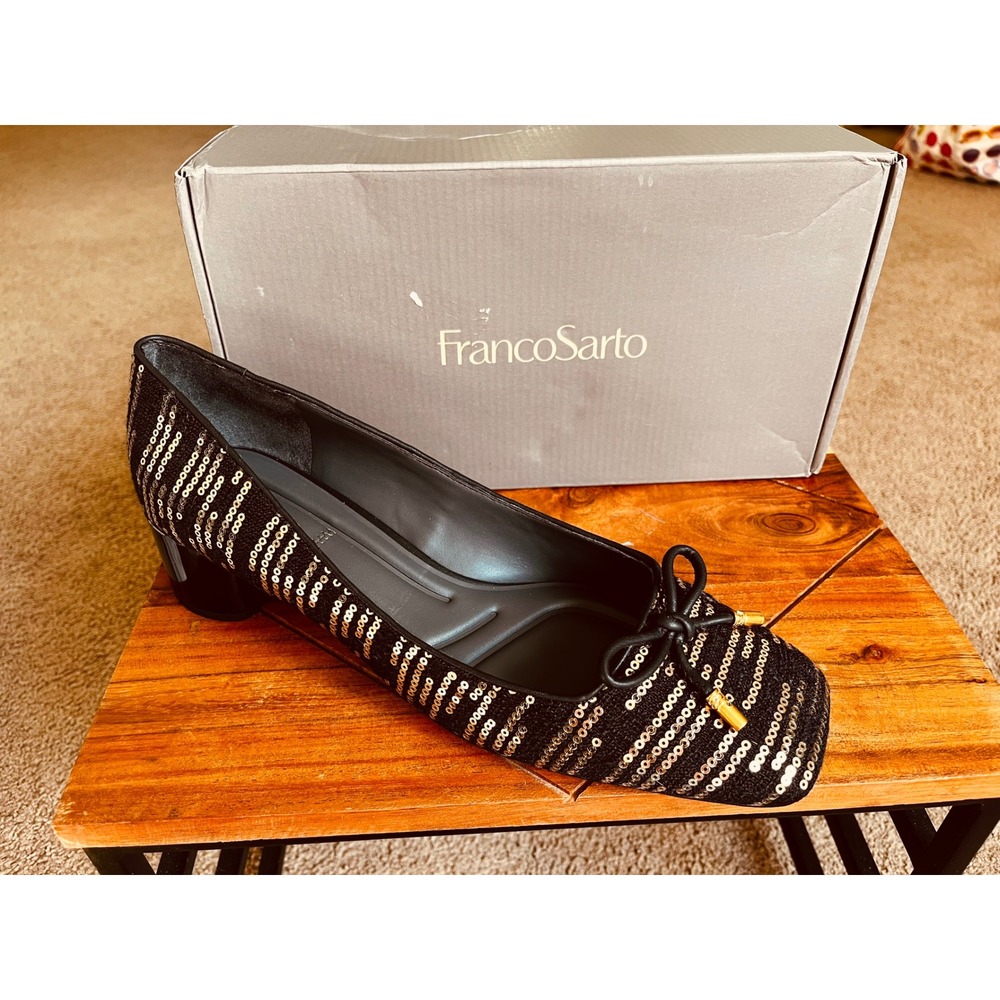Franco Sarto Natalia2 Black Gold Sequin Block‎ Heel Square Toe Pumps 11 M